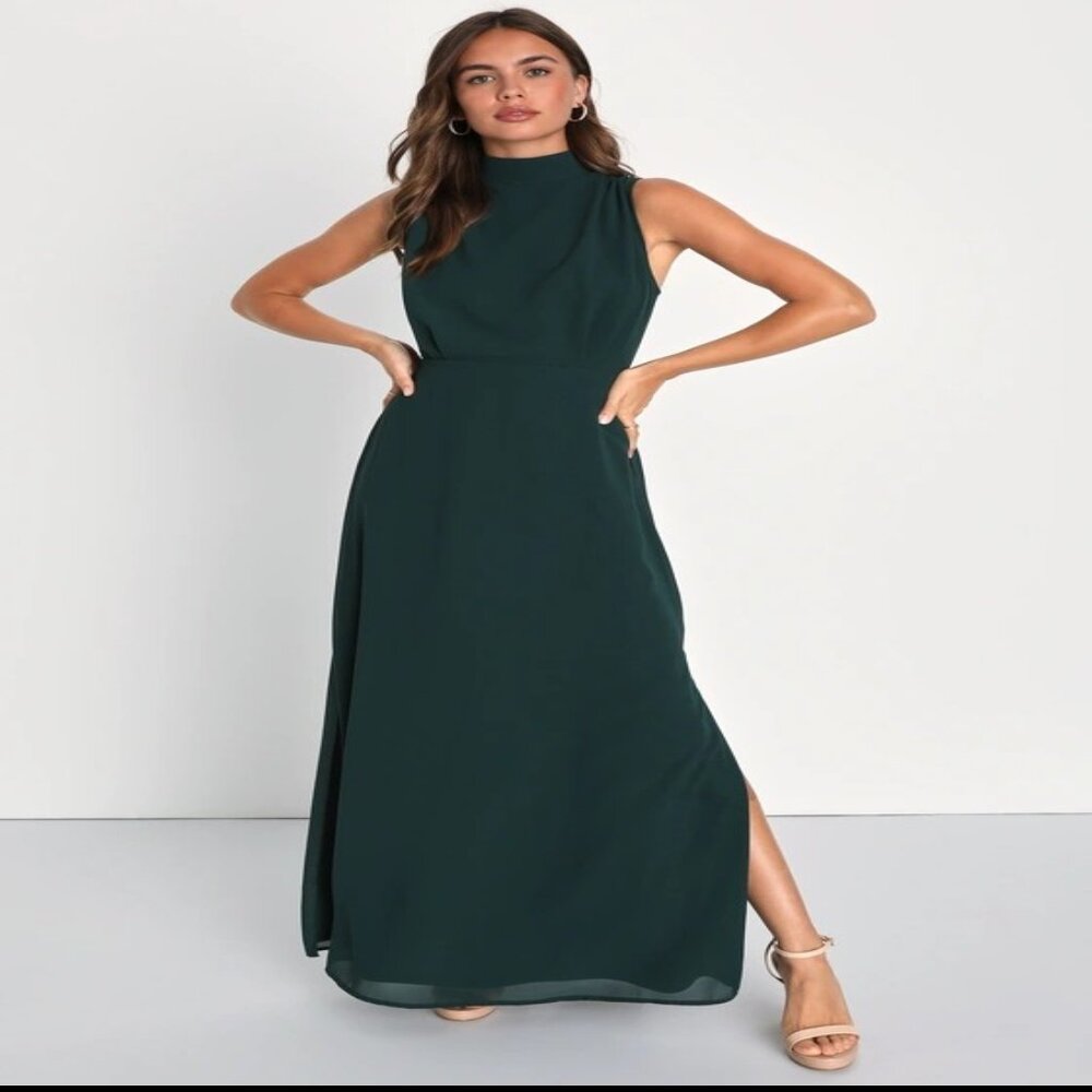 Lulus Classic Elegance Emerald Chiffon Sleeveless Mock Neck Maxi Dress